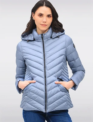 Vegan Lightweight Multi-Quilt Design Puffer Jacket with Detachable Hood by Saki