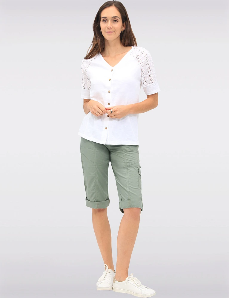 Suzanne Stretchy Cargo Capris With Button for Adjustable Length by Dash Clothing