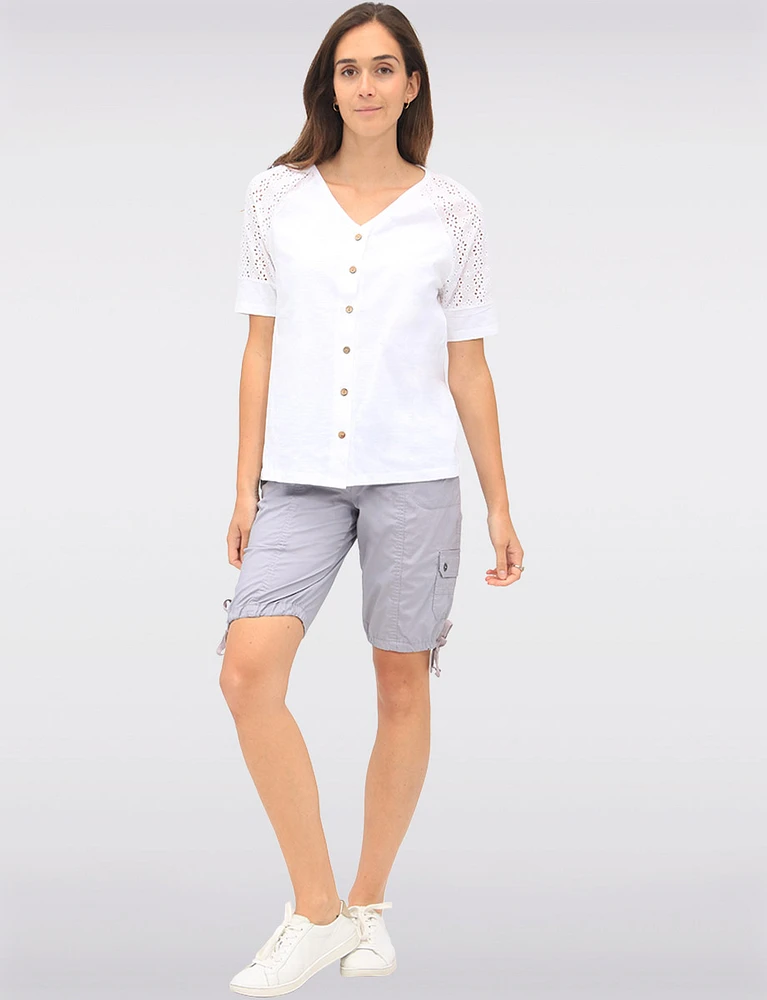 Comfort-Waist Cotton Cargo Bermuda Shorts with Drawstring Hem by Dash Clothing