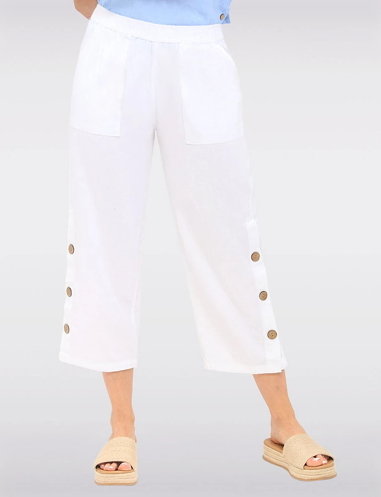 Wide Leg Pull-On Cotton Pants with Pockets & Side Button Accents by Erika