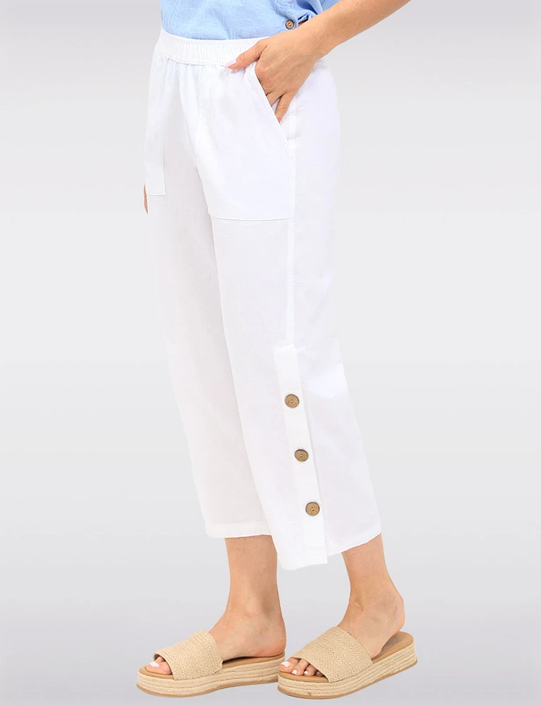 Wide Leg Pull-On Cotton Pants with Pockets & Side Button Accents by Erika