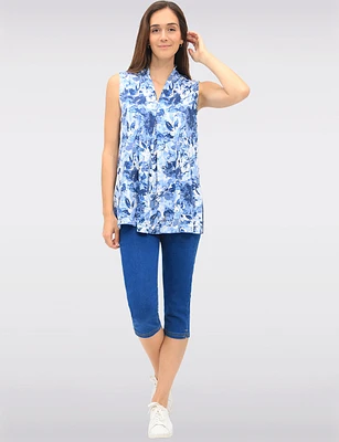 Pull-On Stretch Cotton Denim Capri with Back Pocket & Side Slits by Erika