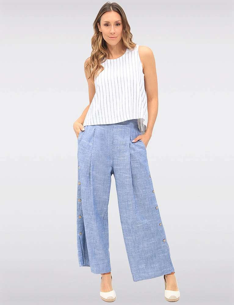 Pull-on Linen Blend Side Button Front Pleats Wide-Leg Pants by Julia Paradis