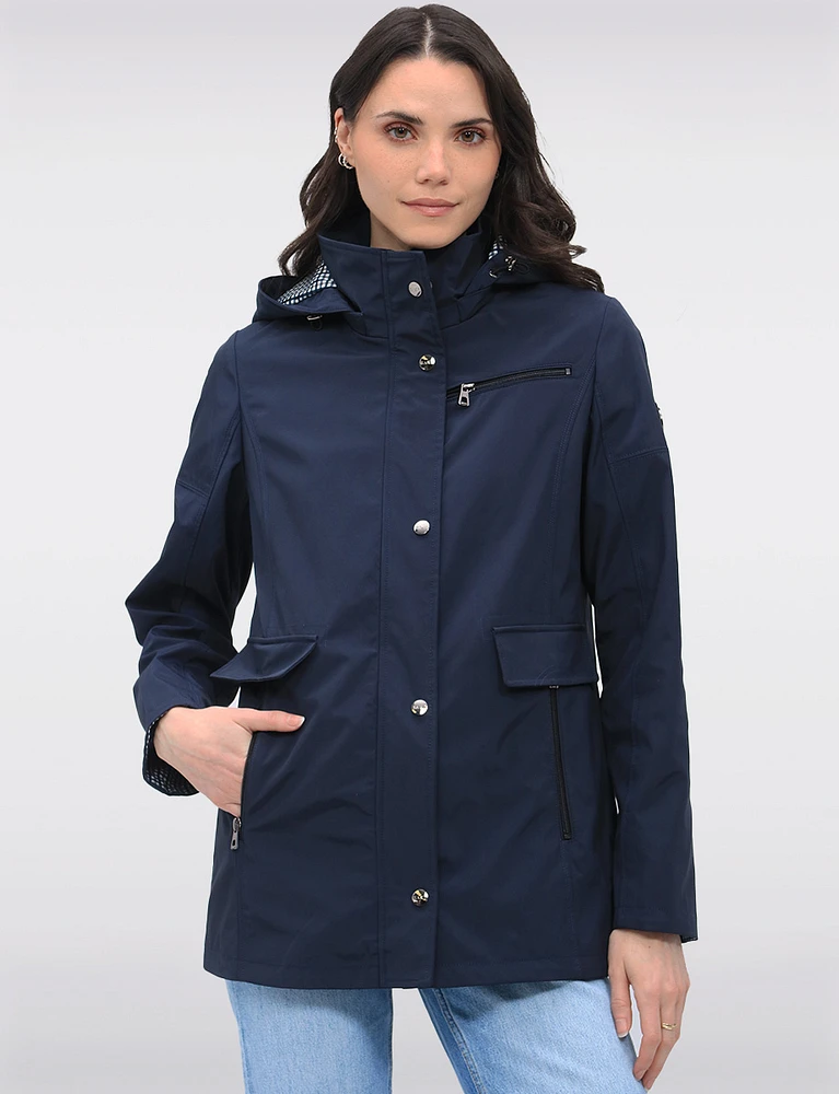 Vegan Breathe-Tech® Straight Cut Raincoat With Check Print Detail by Saki