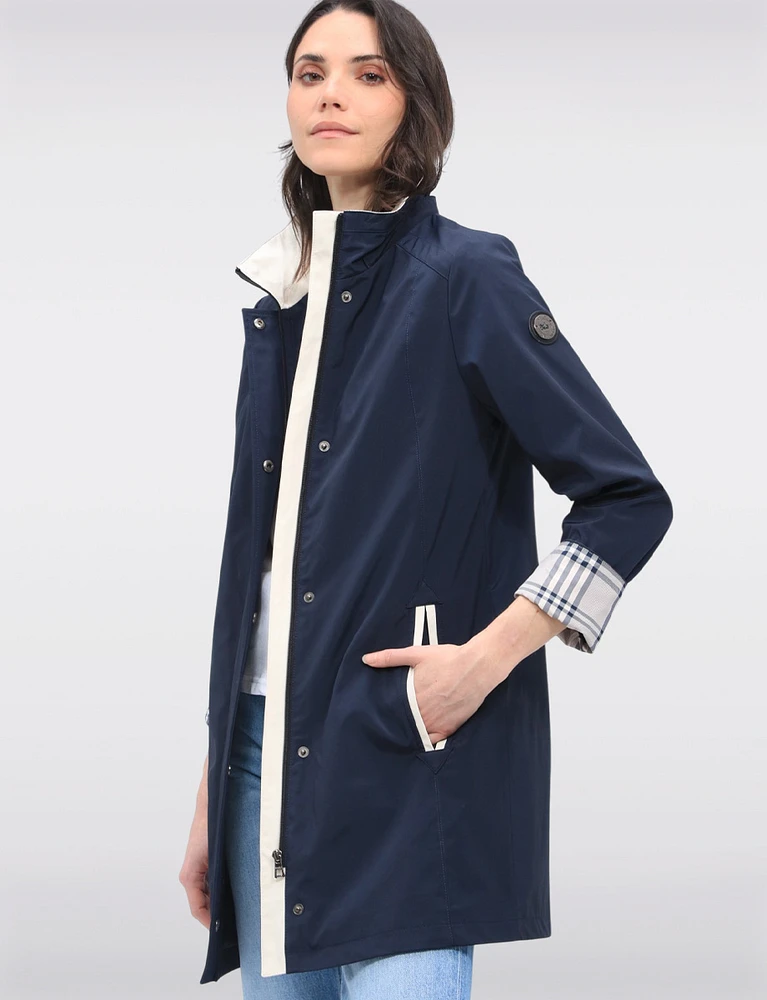 Vegan Breathe-Tech® Straight Cut Versatile Raincoat With Plaid Detail by Saki