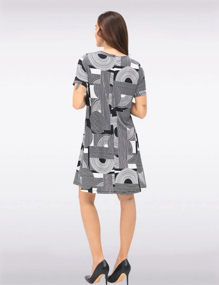 B&W Print Short Sleeve Scoop Neck A-line Dress with Pockets by Amani Couture