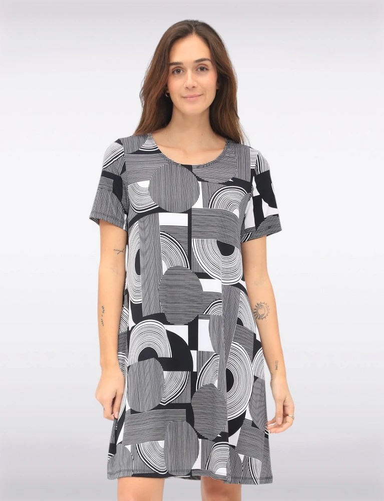 B&W Print Short Sleeve Scoop Neck A-line Dress with Pockets by Amani Couture