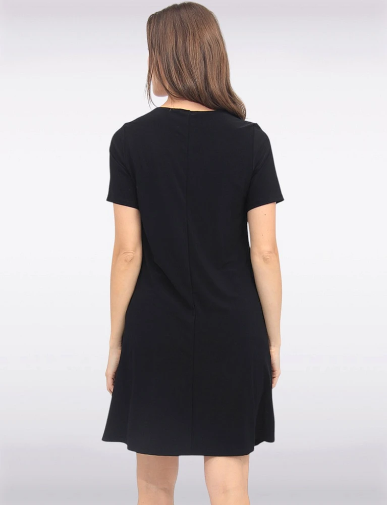Classic Solid Short Sleeve Round Neck A-line Dress With Pockets By Amani Couture