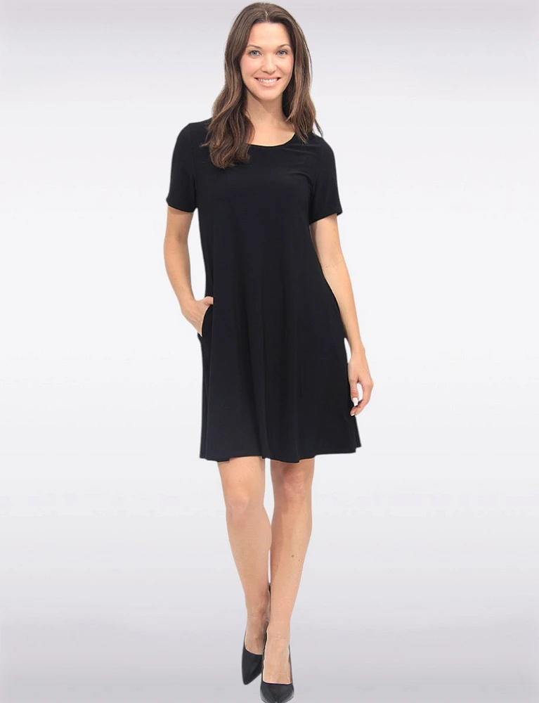 Classic Solid Short Sleeve Round Neck A-line Dress With Pockets By Amani Couture