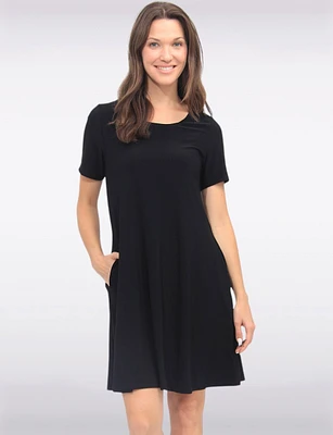 Classic Solid Short Sleeve Round Neck A-line Dress With Pockets By Amani Couture