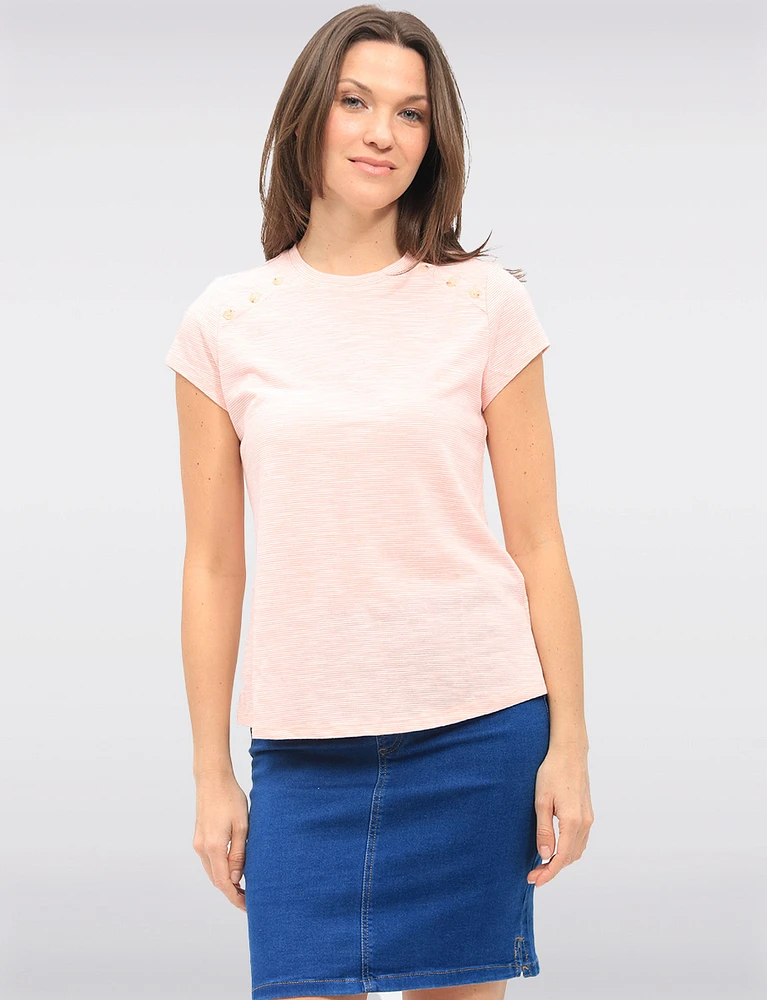 Striped Cotton-Blend Short Sleeve Top with Shoulder Button Accents by GWV