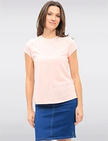 Striped Cotton-Blend Short Sleeve Top with Shoulder Button Accents by GWV