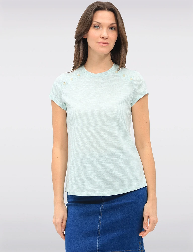 Striped Cotton-Blend Short Sleeve Top with Shoulder Button Accents by GWV