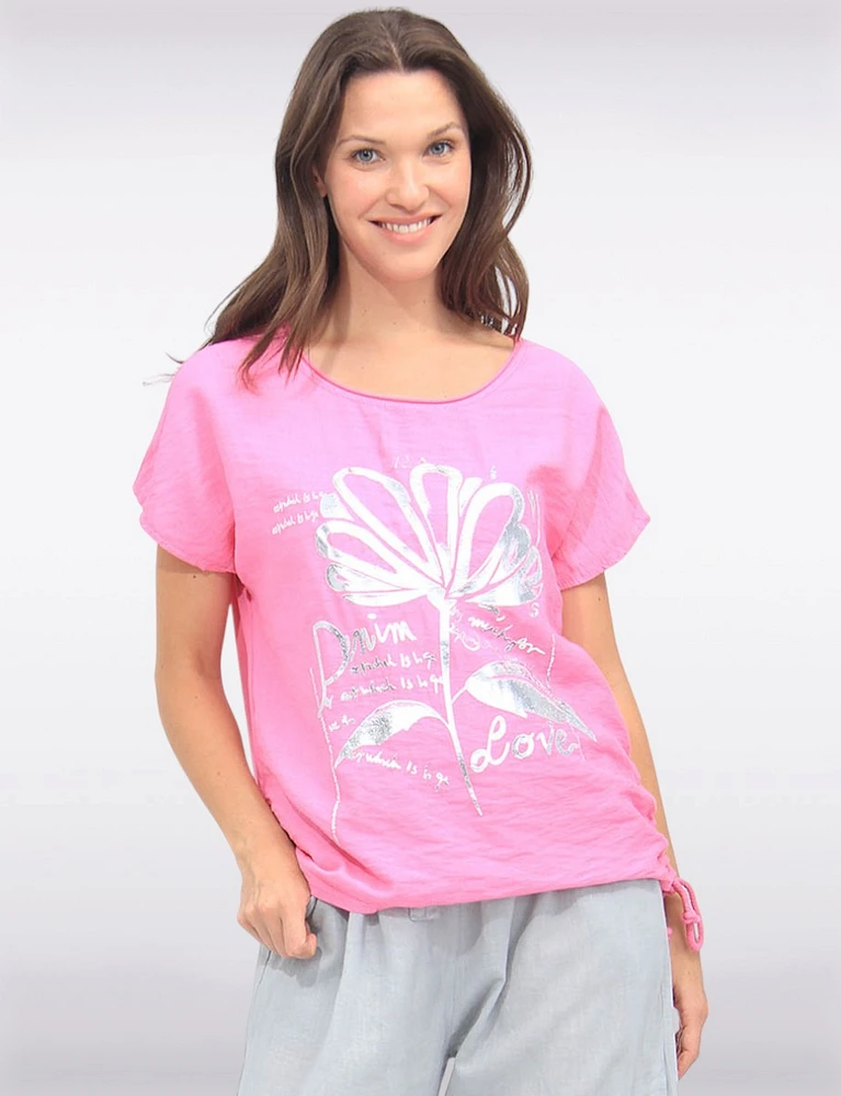 Foil Flower Print Cotton-Blend Drawstring Side Short Sleeve Top by Froccella