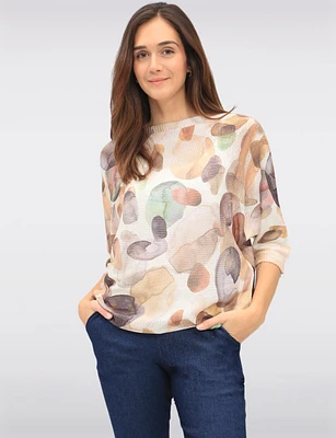 Elegant 3/4 Sleeve Boatneck Knit Top with a Trendy Printed Design by Froccella