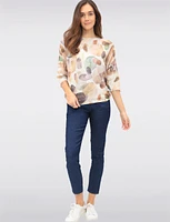 Elegant 3/4 Sleeve Boatneck Knit Top with a Trendy Printed Design by Froccella