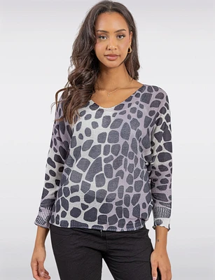 Relaxed Fit Leopard Print Knit Top with V-Neck and Dolman Sleeves by Froccella