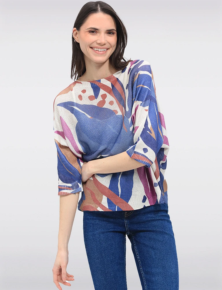Abstract Floral Print Long Dolman Sleeve Boatneck Knit Top by Froccella