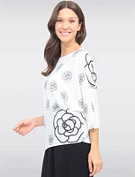 Black & White Floral Print 3/4 Dolman Sleeve Boatneck Knit Top by Froccella