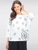 Black & White Floral Print 3/4 Dolman Sleeve Boatneck Knit Top by Froccella