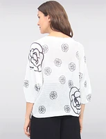 Black & White Floral Print 3/4 Dolman Sleeve Boatneck Knit Top by Froccella