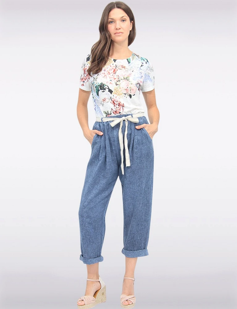 Chic Linen Blend Solid Belted Pants With Front Pockets By Froccella