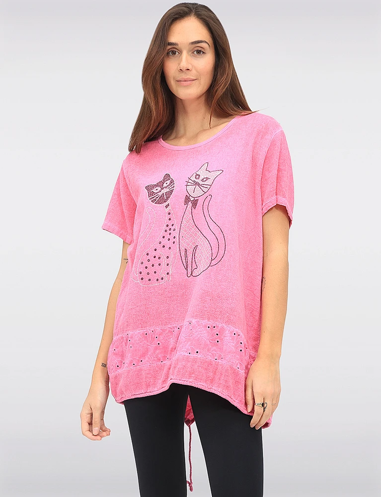 Linen Blend Short Sleeve Cut Cat Rhinestones Design and Lace Top By Froccella