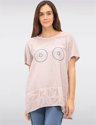 Linen Blend Short Sleeve Bicycle Rhinestones Design and Lace Top By Froccella