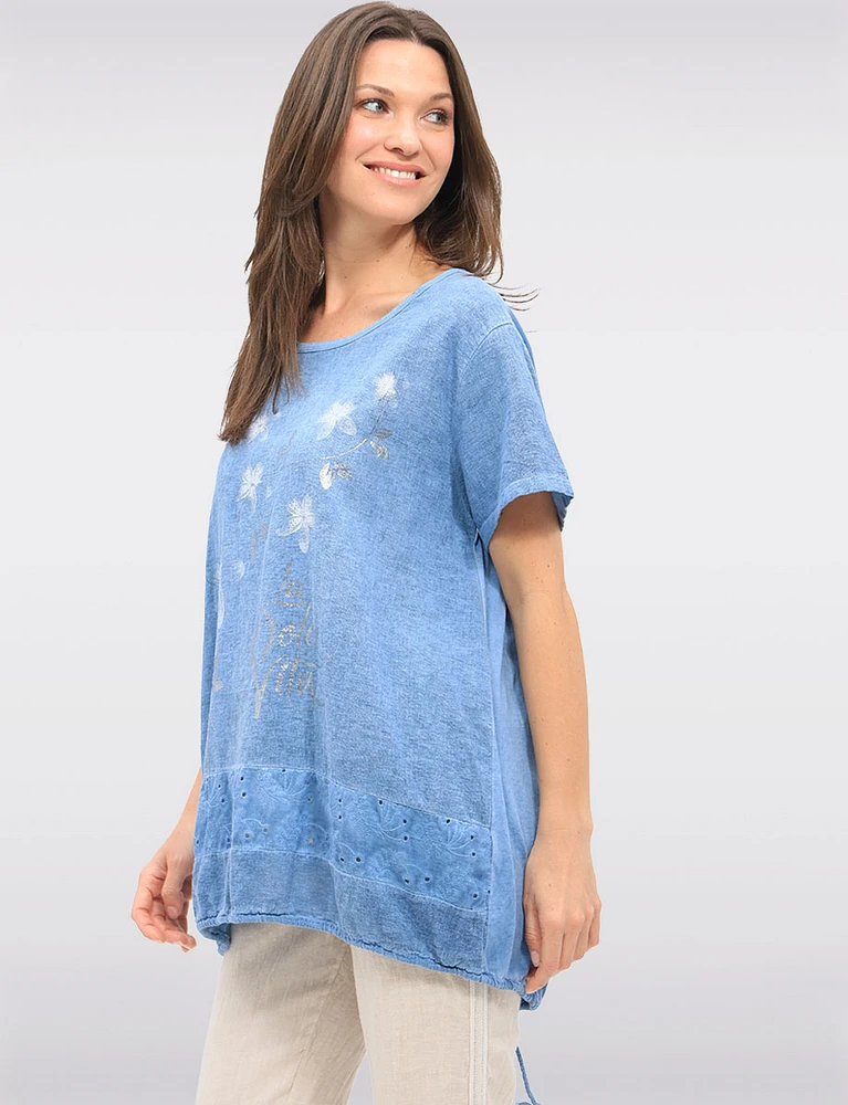 Cotton-Linen Metallic Floral Top with Lace & Adjustable Drawstrings by Froccella