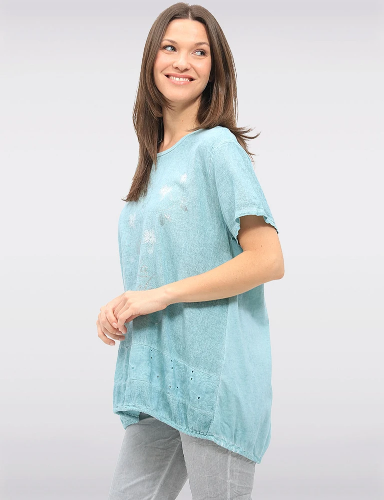 Cotton-Linen Metallic Floral Top with Lace & Adjustable Drawstrings by Froccella