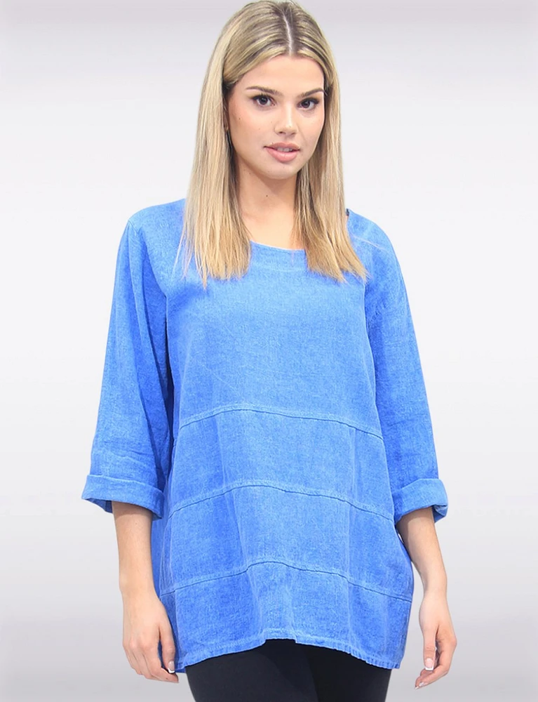 Light Linen Blend Three-quarter Sleeve Horizontal Stitch Detail Top by Froccella
