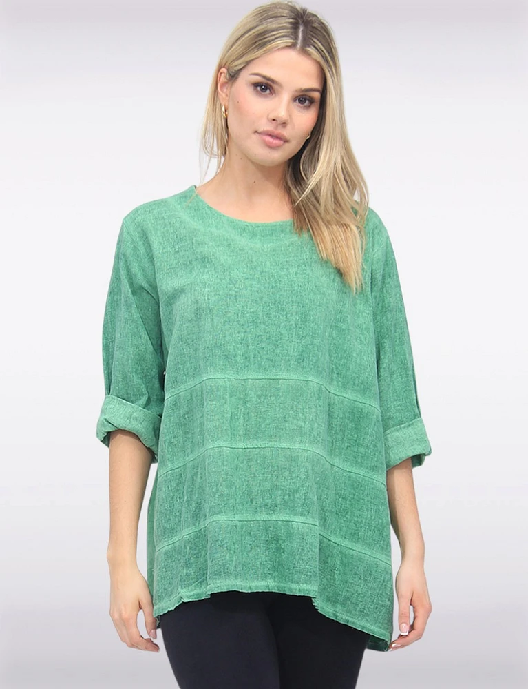 Light Linen Blend Three-quarter Sleeve Horizontal Stitch Detail Top by Froccella