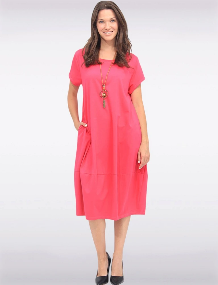Short Sleeve Soft Cotton Round Neck Long Dress with Necklace by Froccella