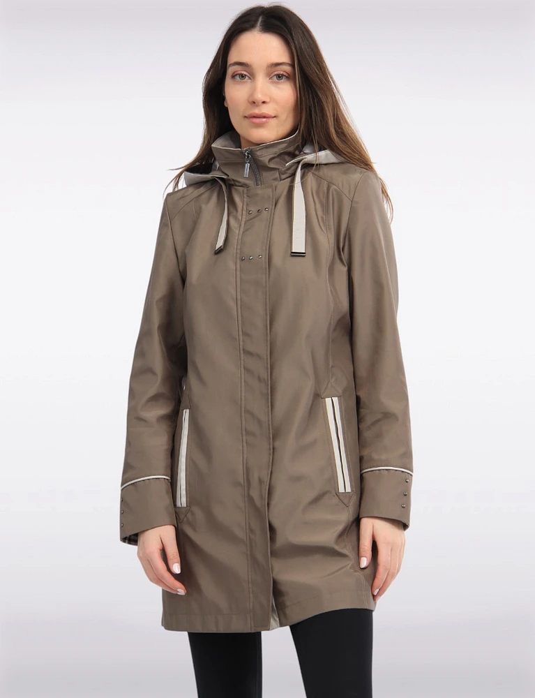 Straight Cut Water Resistant Coat With Removable Plaid-Lined Hood by Portrait
