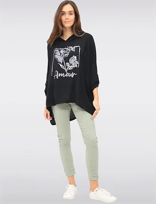 Floral Metallic Printed Amour Hooded Loose Fit 3/4 Sleeve Top by Froccella