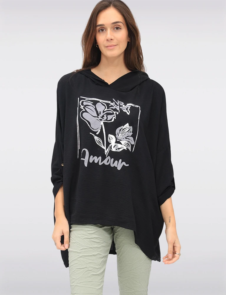 Floral Metallic Printed Amour Hooded Loose Fit 3/4 Sleeve Top by Froccella