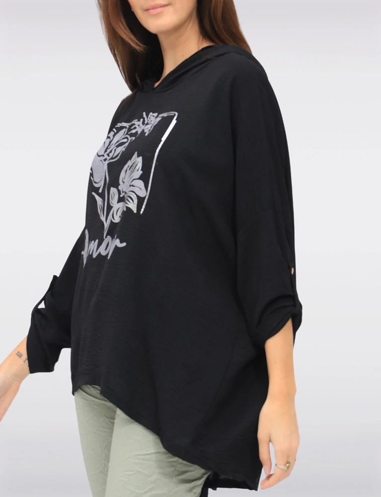 Floral Metallic Printed Amour Hooded Loose Fit 3/4 Sleeve Top by Froccella
