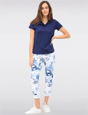 Crinkled Floral Print Stretch Slim Fit Drawstring Waist Pants by Froccella