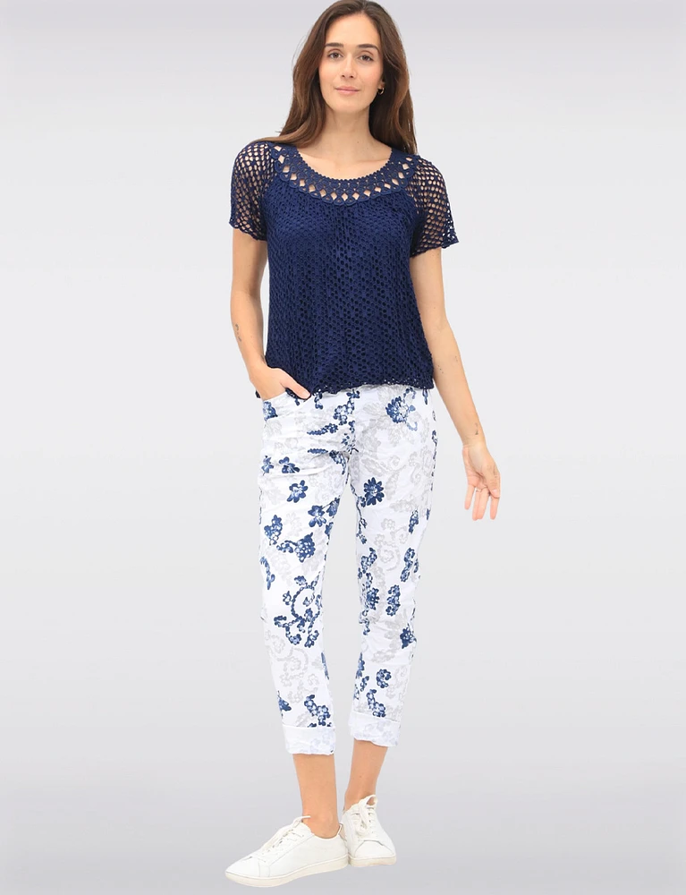 Crinkle White Paisley Print Drawstring Waist Stretch Slim Fit Pants by Froccella