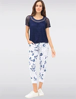 Crinkle White Paisley Print Drawstring Waist Stretch Slim Fit Pants by Froccella