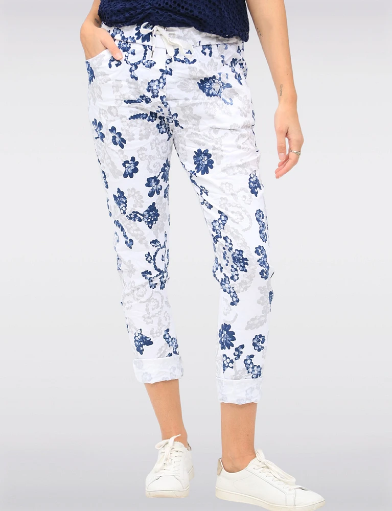 Crinkle White Paisley Print Drawstring Waist Stretch Slim Fit Pants by Froccella