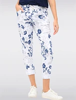 Crinkle White Paisley Print Drawstring Waist Stretch Slim Fit Pants by Froccella