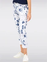 Crinkle White Paisley Print Drawstring Waist Stretch Slim Fit Pants by Froccella
