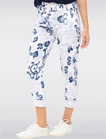 Crinkle White Paisley Print Drawstring Waist Stretch Slim Fit Pants by Froccella