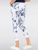 Crinkle White Paisley Print Drawstring Waist Stretch Slim Fit Pants by Froccella