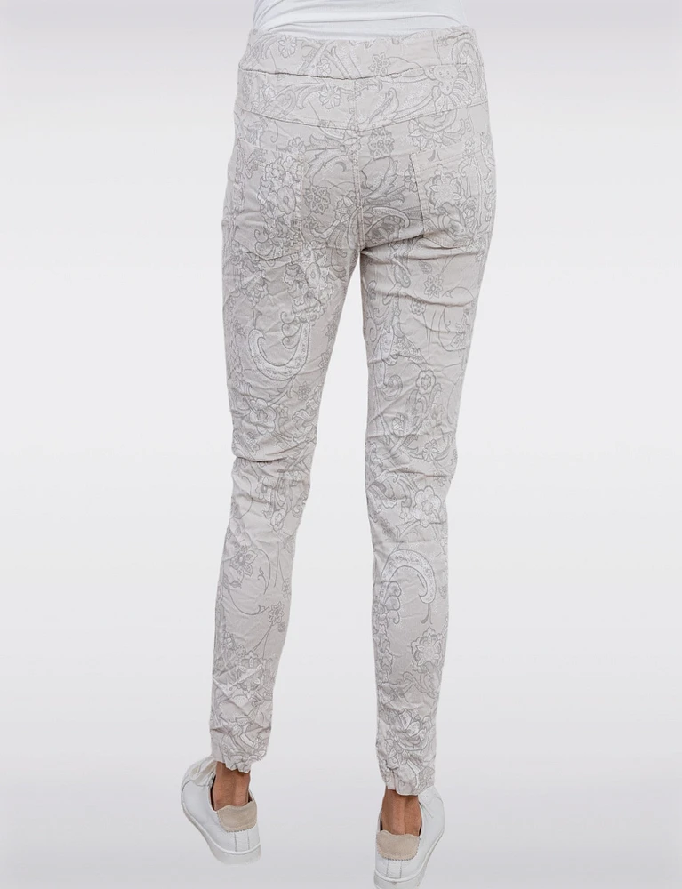 Chic Paisley Print Crinkled Stretch Slim Fit Drawstring Waist Pants by Froccella