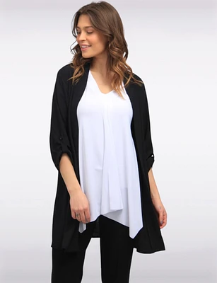 Long Crinkle Flowy Adjustable Sleeve Drape Front Cardigan by Froccella