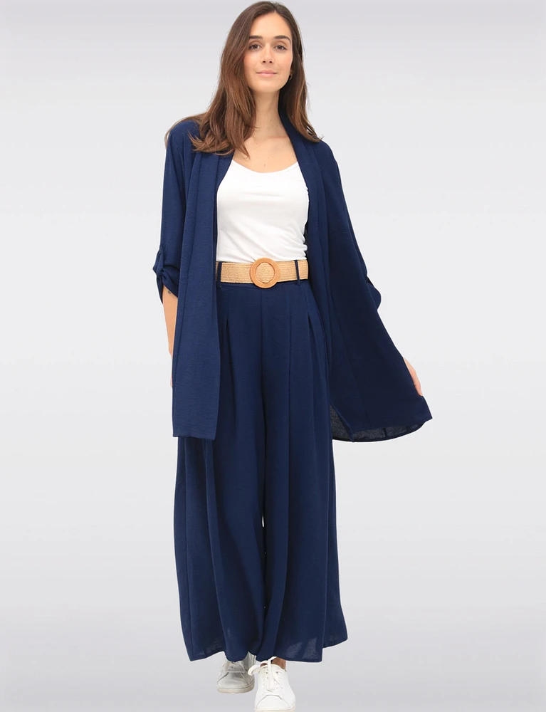 Lightweight Flowy Wide-Leg Pants with Stretch Straw-Buckle Belt by Froccella