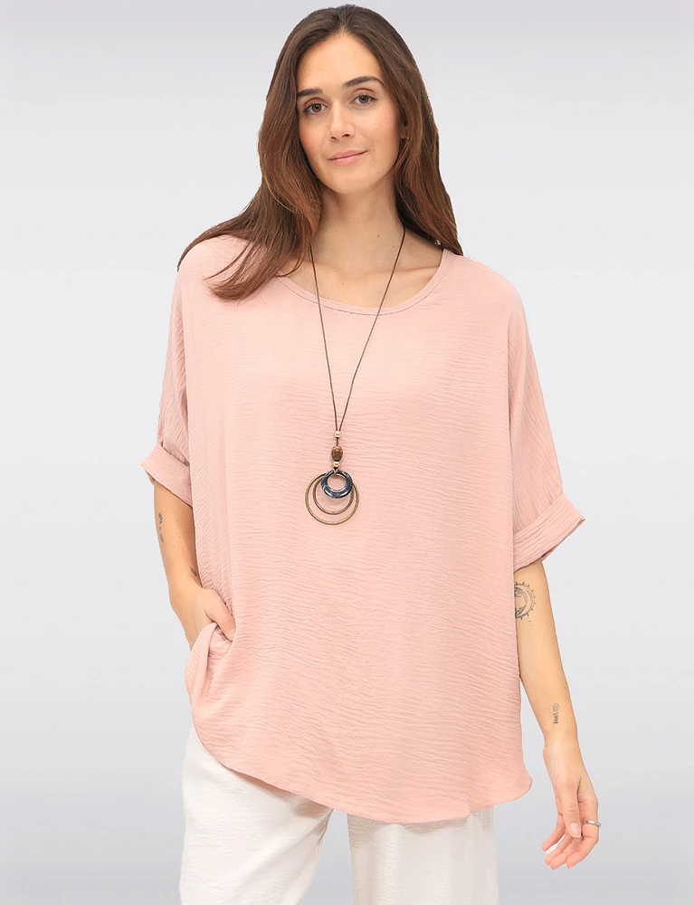 Elegant Solid Short Dolman Sleeve Blouse with Chic Necklace by Froccella