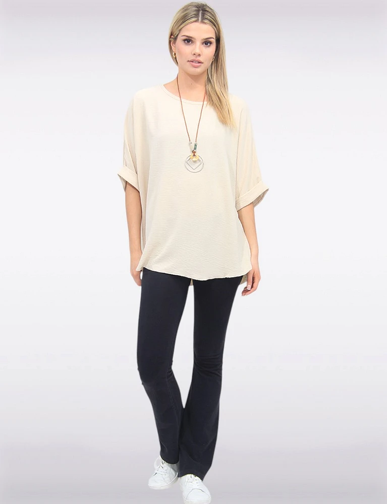 Elegant Solid Short Dolman Sleeve Blouse with Chic Necklace by Froccella